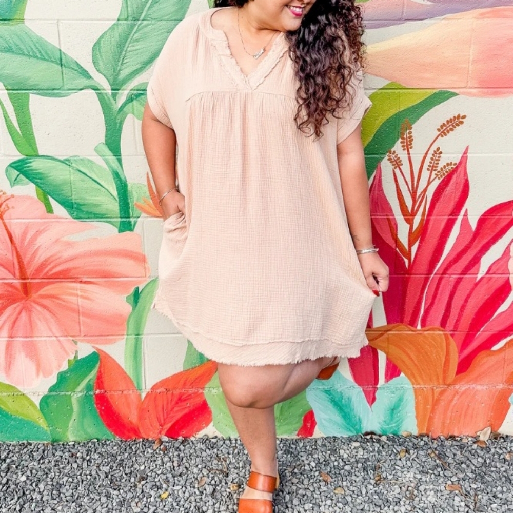 Niu Cream Casual Sundress V-Neck Dolman Sleeve